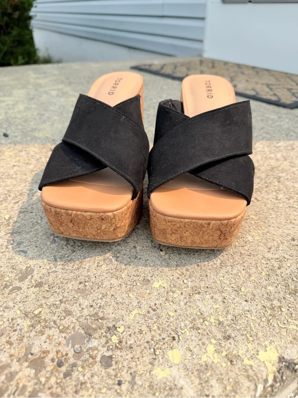 Platform Cork Block Heel Mules in Black
